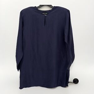 SILK CLUB Blouse Womens L Blue Silk Vintage Tunic Padded Shoulder Peasant Boho